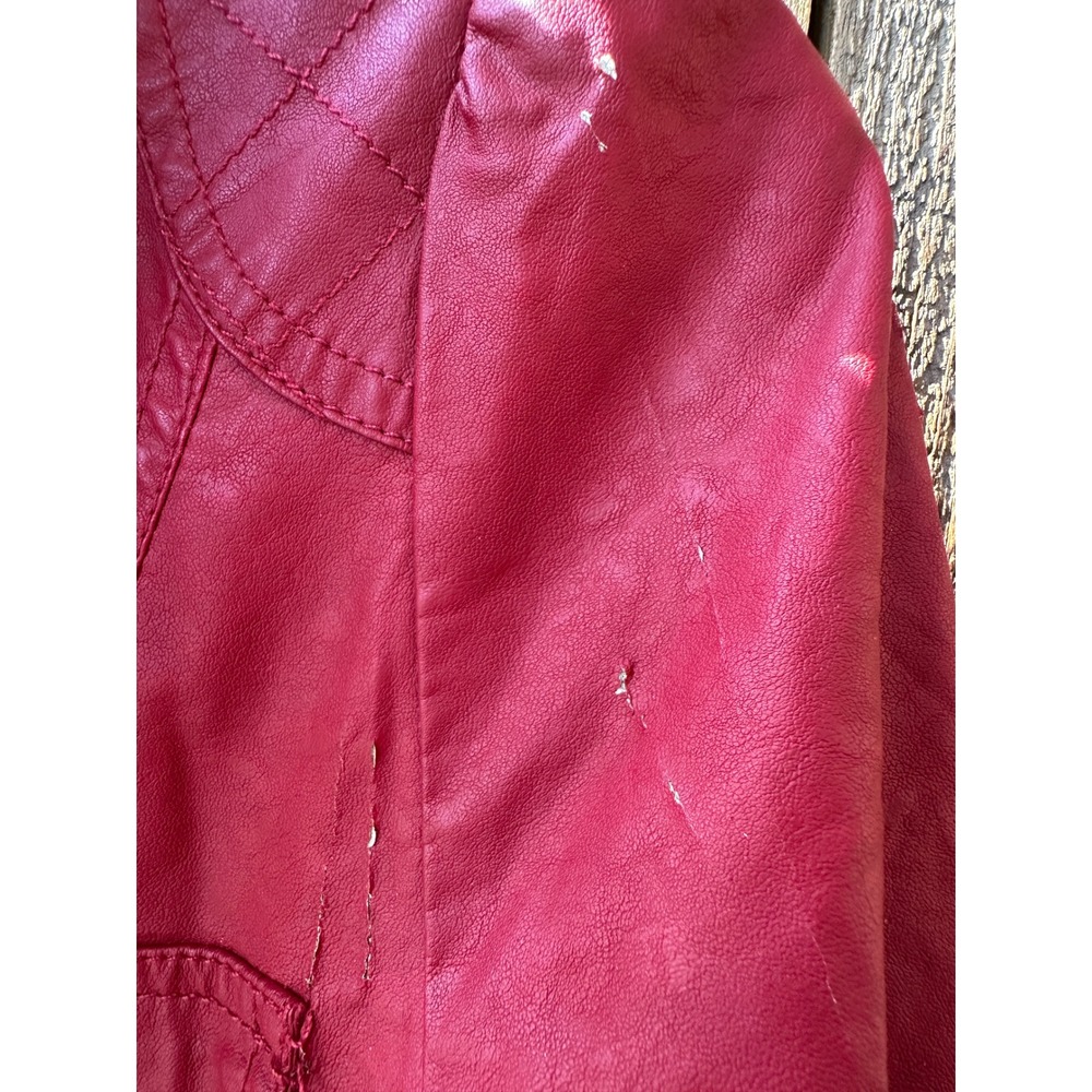 Red Ruffle Faux Leather Jacket Small Moto Biker Cropped Fashion On The Run - Picture 5 of 14